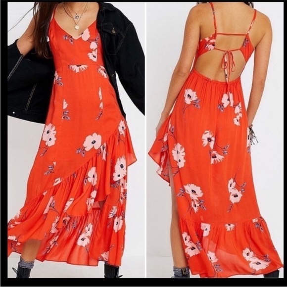 Urban Outfitters red floral ruffle hem maxi dress open back - Picture 1 of 10